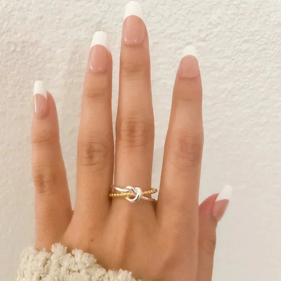 925 Sterling Silver & Gold Two Tone Ring Knot Ring Minimalist Dainty Ring - Picture 6 of 10